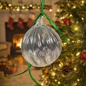 Vintage Hand Blown Ribbed Glass Ornament Clear Holiday Decor 4 Inch